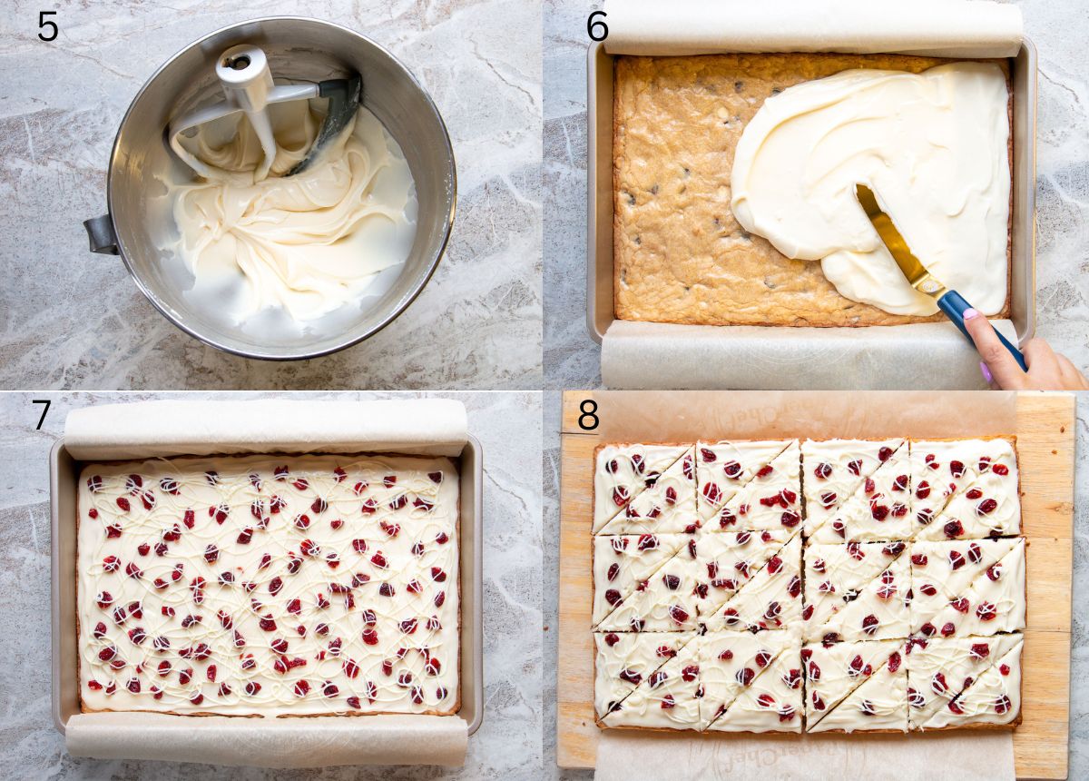 image collage of how to top and cut cranberry bliss bars