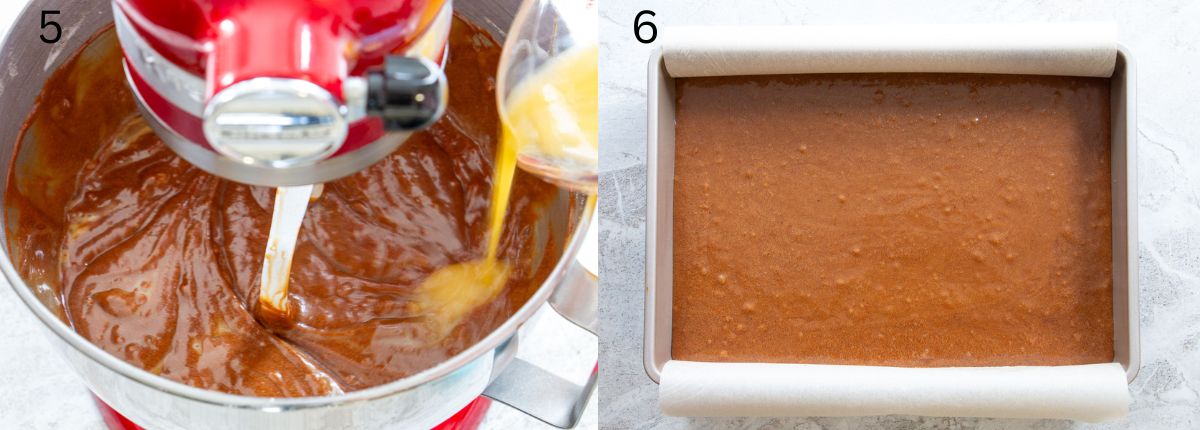 an image of gingerbread batter in a mixer and in a baking pan