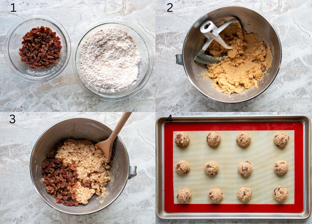 process shots of how to make oatmeal raisin cookies
