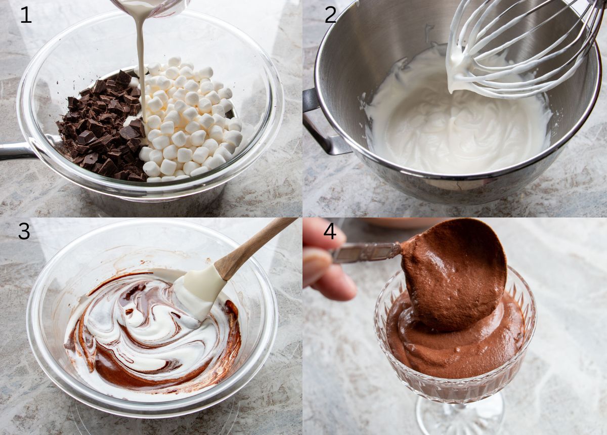 A picture collage of how to make three-ingredient chocolate mousse.