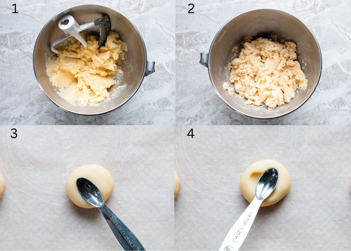 process images of how to make heart-shaped thumbprint cookies