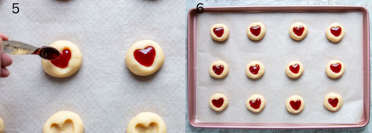 strawberry thumbprint cookies being filled and ready to bake