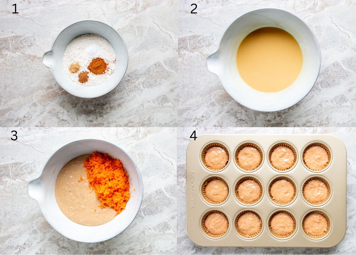 process shots of how to make carrot cake cupcakes