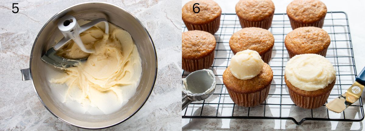 a bowl of cream cheese frosting and carrot cake cupcakes being topped with the frosting