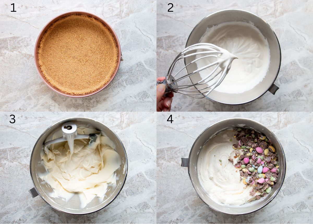 process images of how to make a no-bake mini egg cheesecake