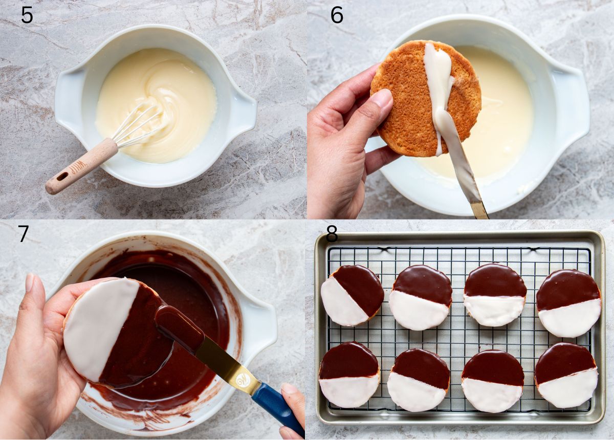 process shots of how to frost black and white cookies