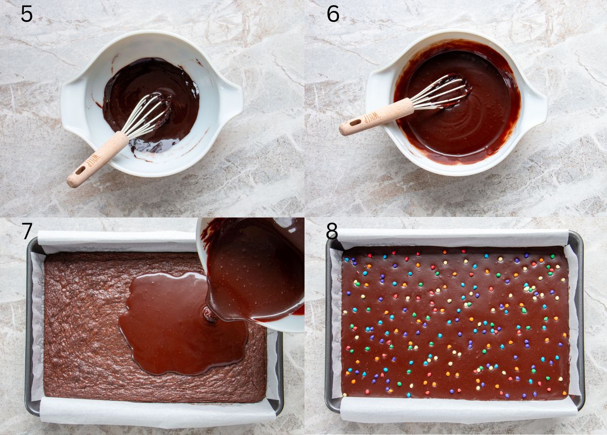 a picture collage of how to make glaze and ice cosmic brownies