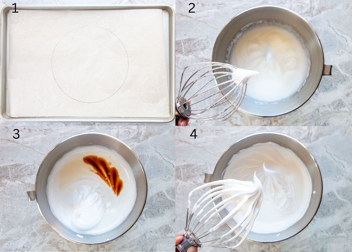 process images of how to make a pavlova: parchment paper, soft peaks, glossy peak, and stiff peaks.