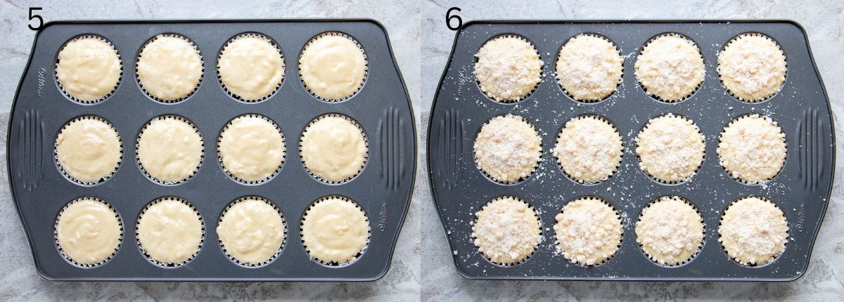 lemon muffin batter in a muffin pan and topped with steusel