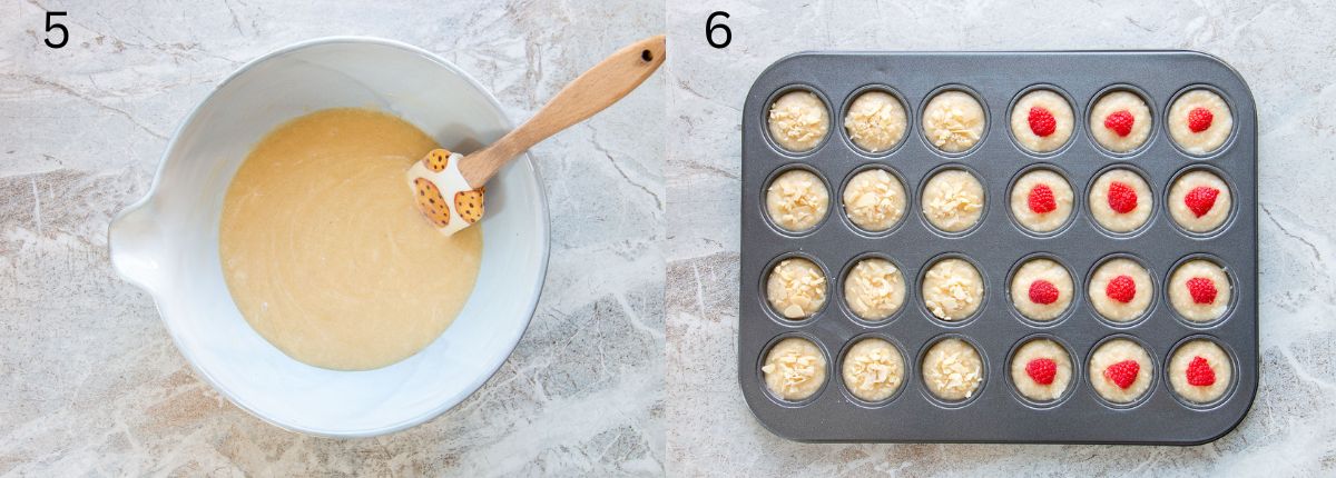 financier batter in a bowl and in a mini muffin pan topped with raspberries and almonds