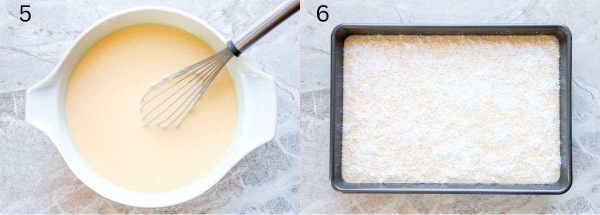butter mochi cake batter in a bowl and in baking pan topped with coconut ready for oven