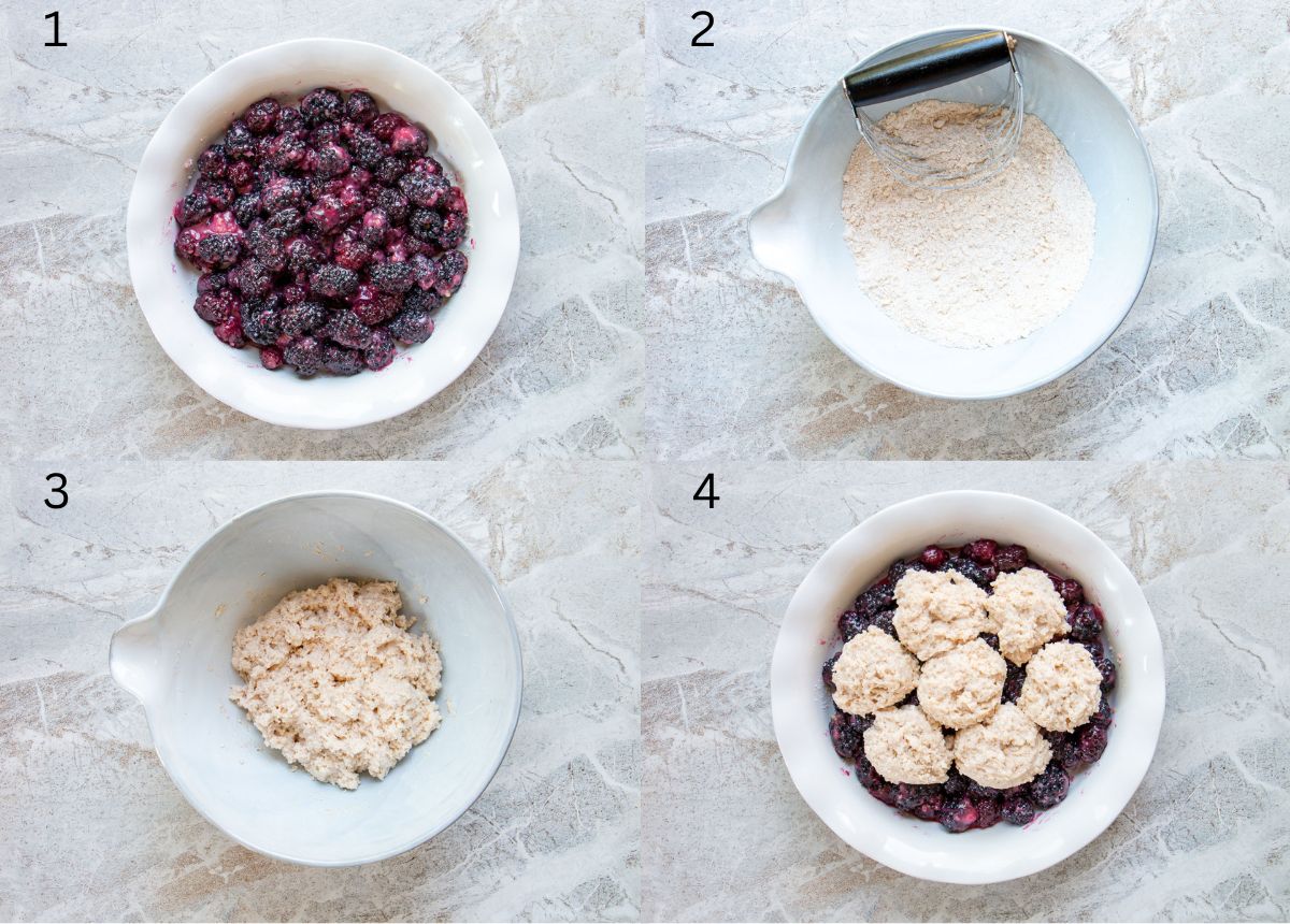 image collage of process pictures of how to make blackberry cobbler