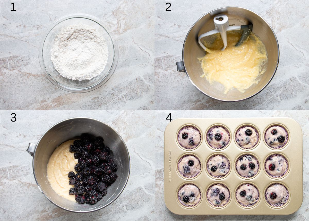 process image collage of how to make blackberry muffins