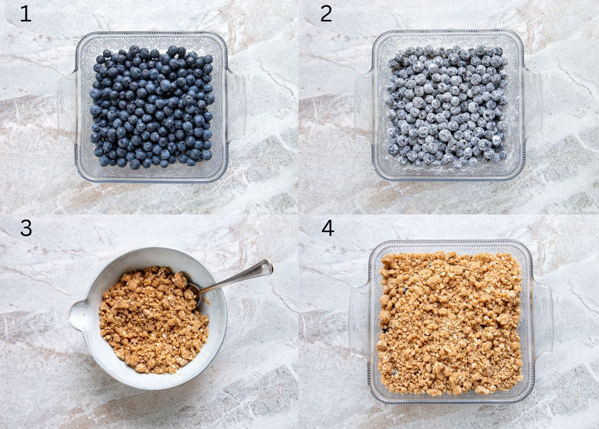 process image collage of how to make blueberry crisp
