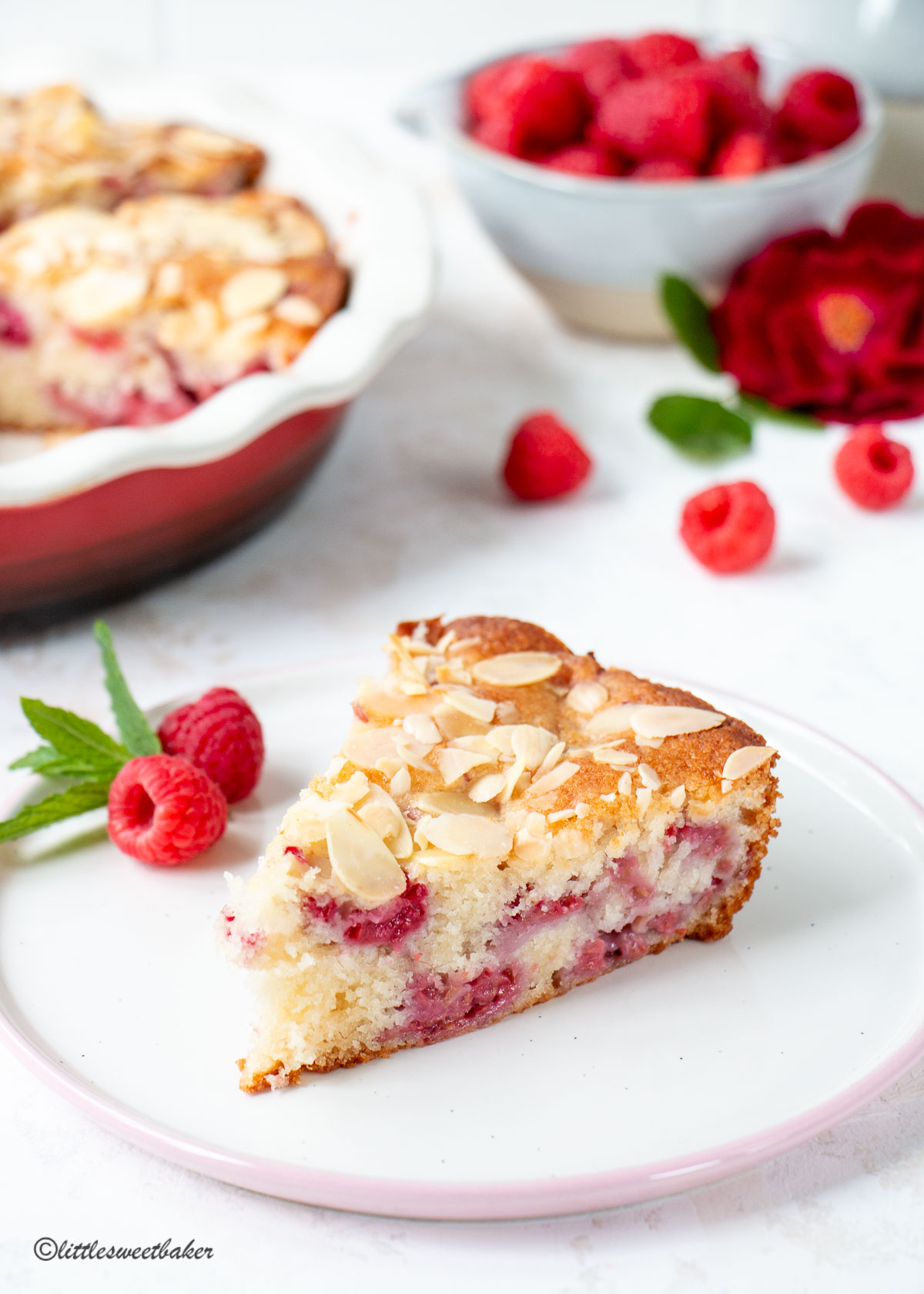 A slice of raspberry cake topped with almonds on a white and pink plate.