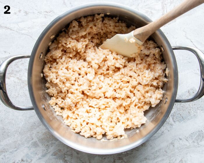 A pot of marshmallow and rice krispie mixture.