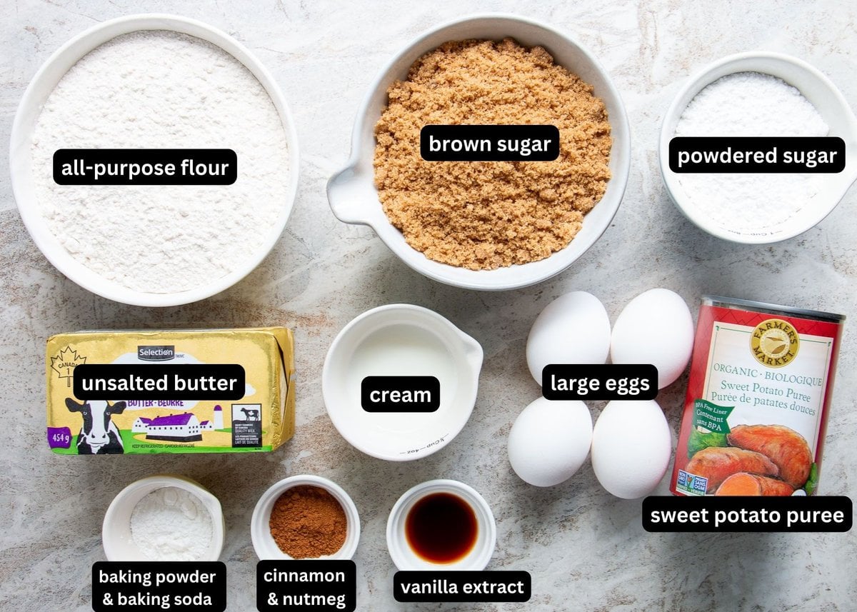 A labelled image of all the ingredients needed to make sweet potato cake with brown sugar glaze.