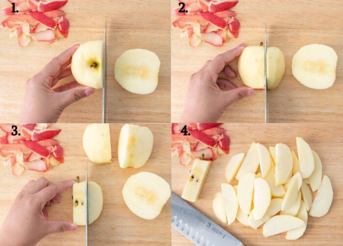 image collage of how to cut apples for apple crisp or apple pie