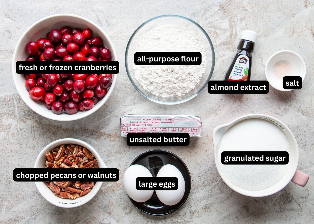 A labelled image of all the ingredients needed to make Nantucket cranberry pie.