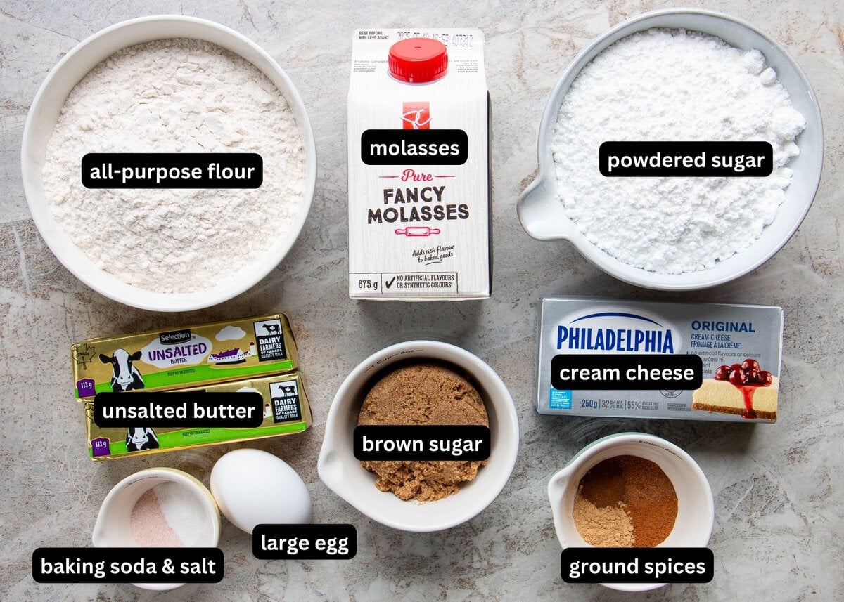 A labelled image of all the ingredients needed to make a gingerbread loaf with cream cheese frosting.