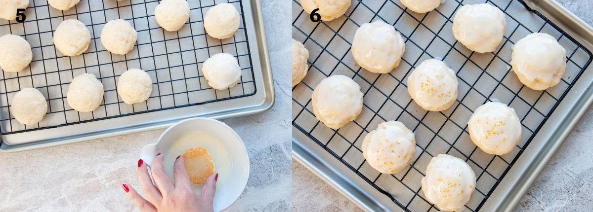 Image collage of how to glaze lemon ricotta cookies.