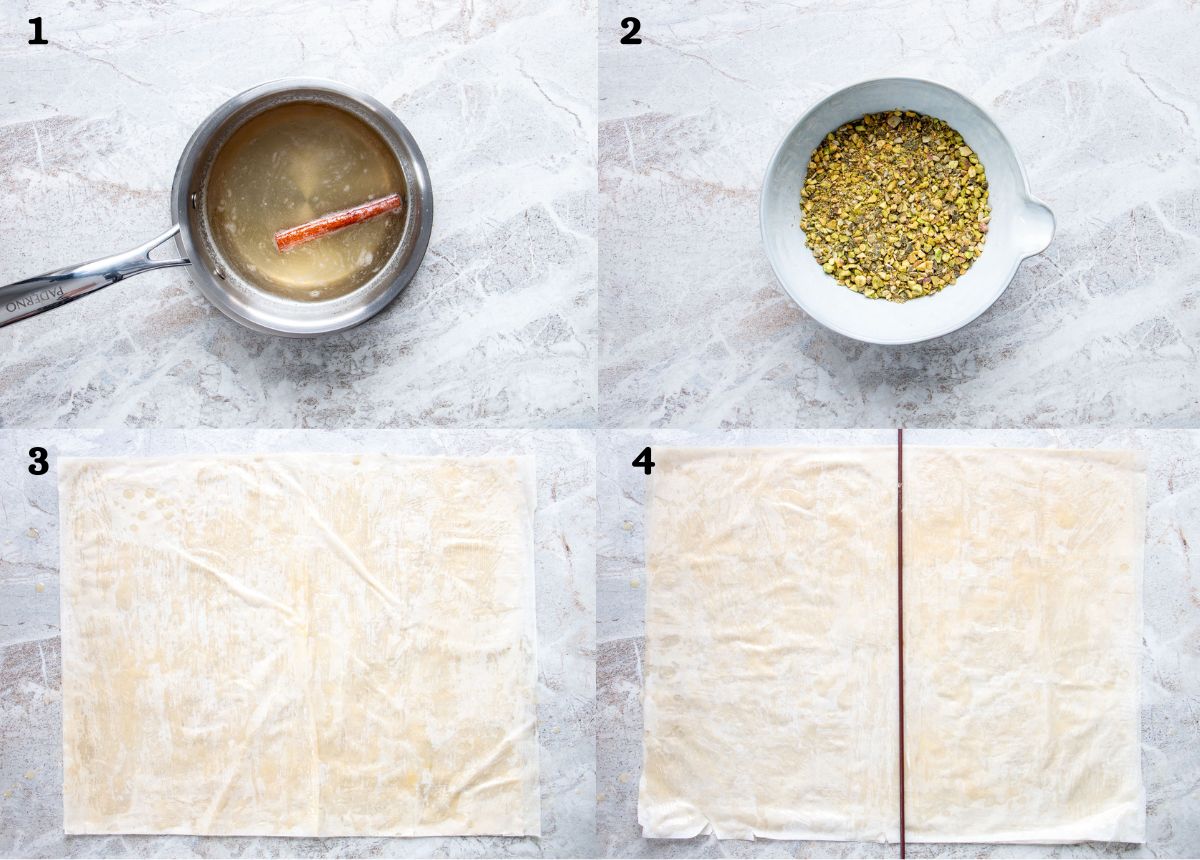 Picture collage of syrup, nut filling, and buttering phyllo for pistachio baklava rolls.
