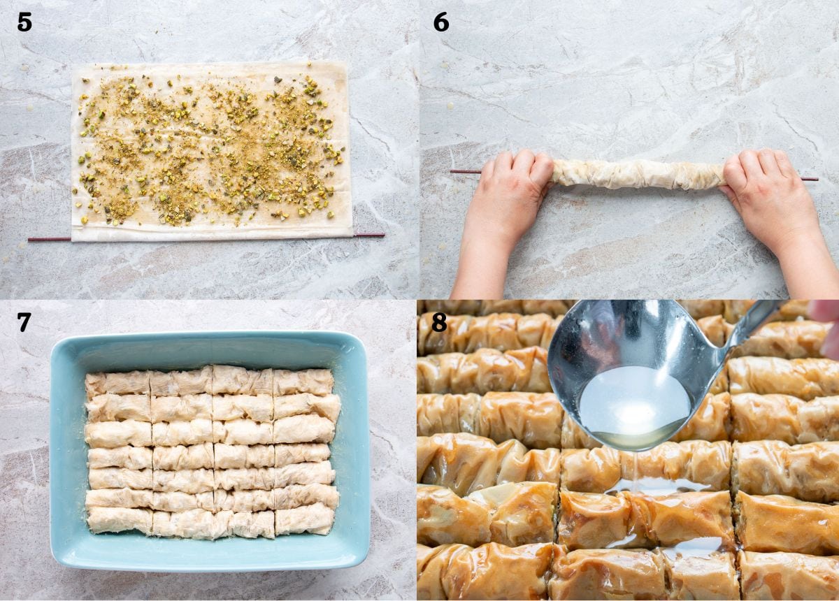 Picture collage of how to fill and roll phyllo for pistachio baklava rolls.