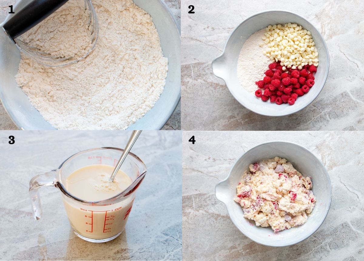 Steps 1-4 of how to make raspberry white chocolate scones.