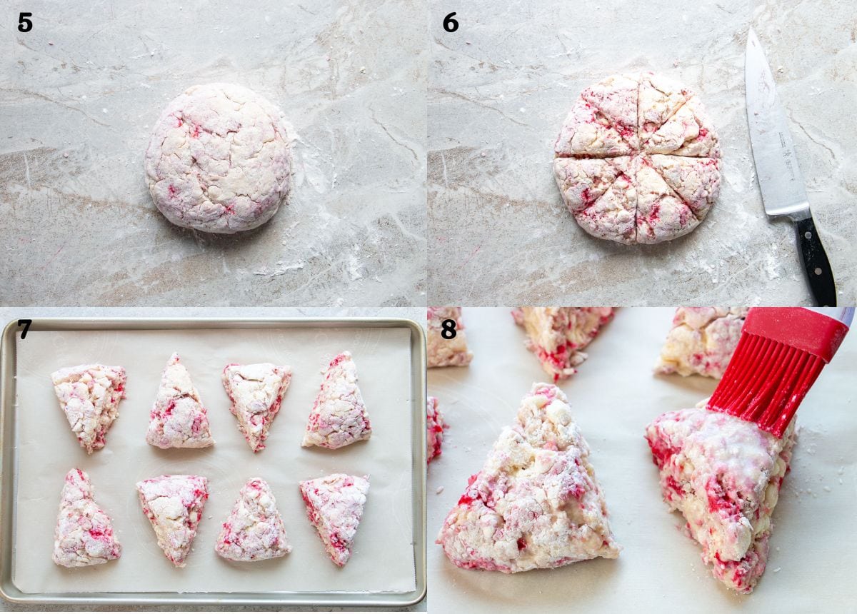 A process image collage of raspberry scone dough kneaded, but into wedges and placed on a baking tray.