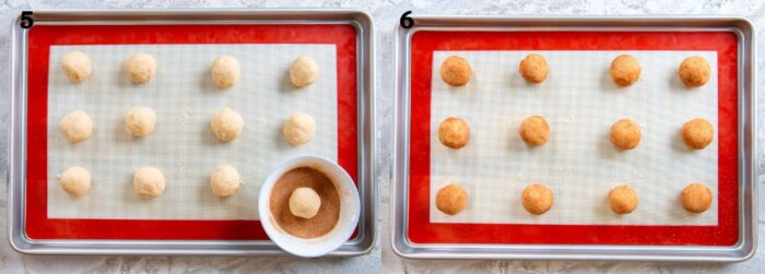 Two process images showing snickerdoodle before and after being coated with cinnamon0sugar.