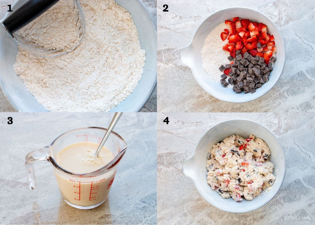 An image collage of steps 1-4 of how to make strawberry chocolate chunk scones.