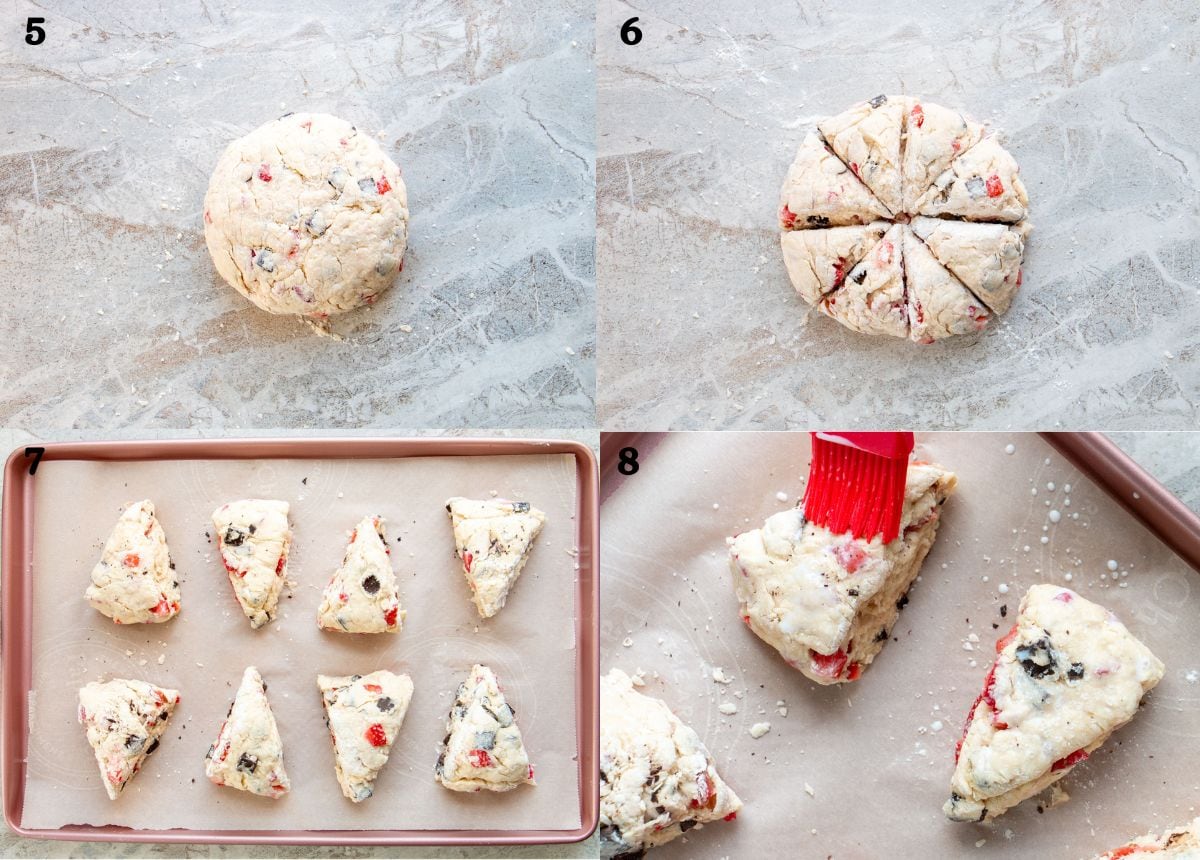 Steps 5-8 of how to make strawberry chocolate chunk scones showing how to cut the dough into wedges and brushing with buttermilk before baking.