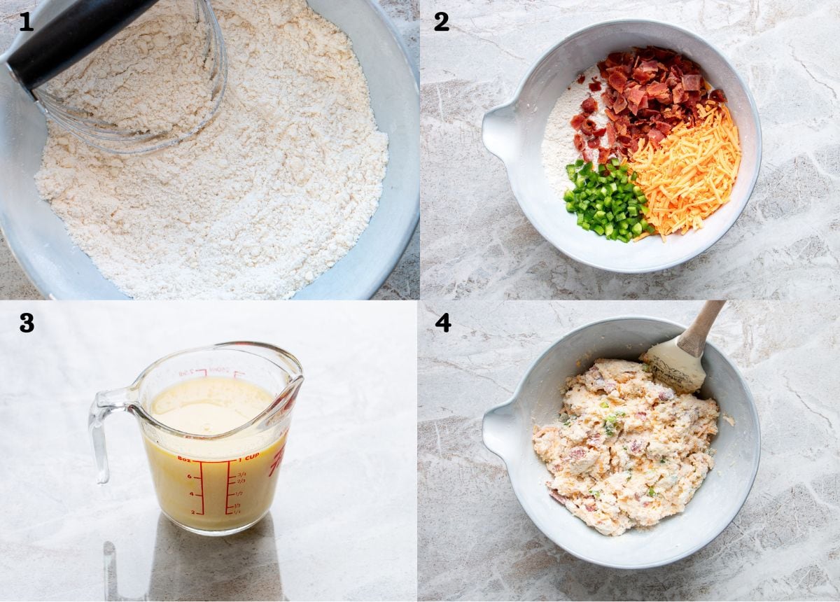 An image collage of how to make bacon cheddar scones.