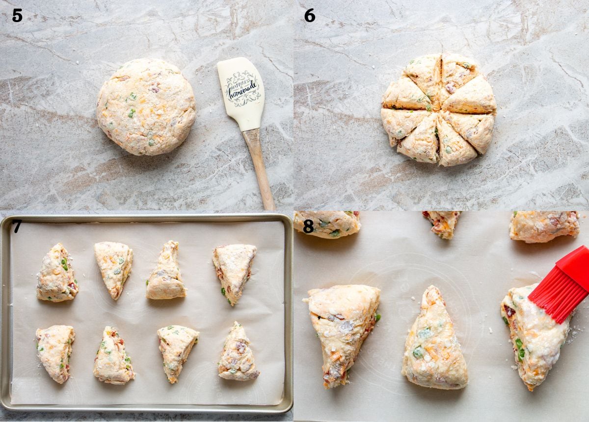 An image collage of how to knead and cut bacon cheddar scones into wedges for baking.
