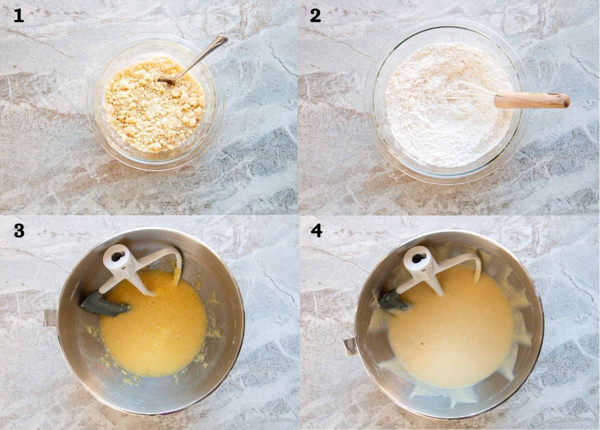 An image collage of how to make lemon cake with streusel.