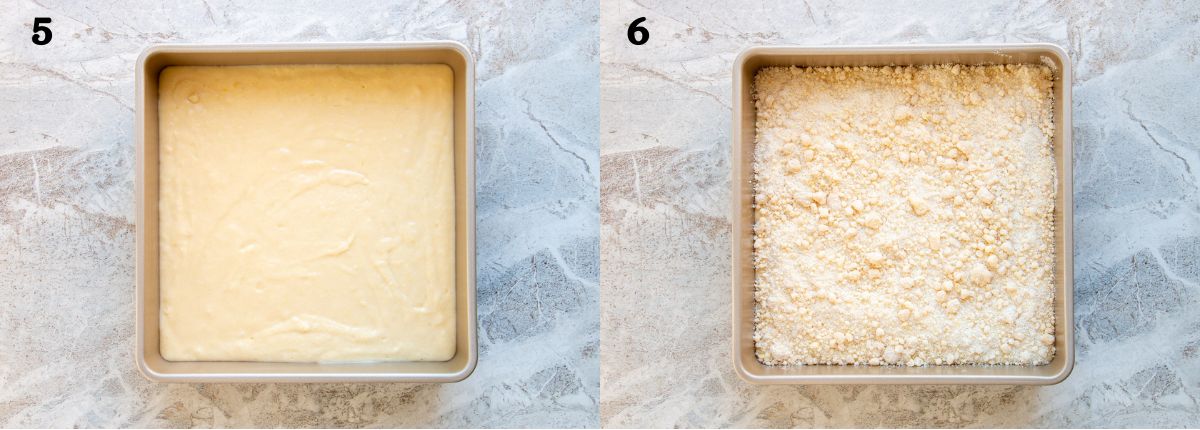 An image collage of lemon cake batter and topped with crumb topping before baking.