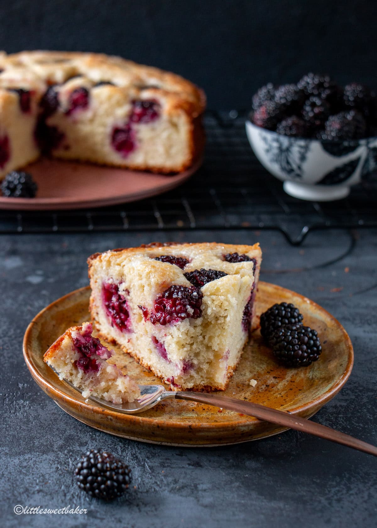 A slice of blackberry cake on a plate with a piece on a fork.