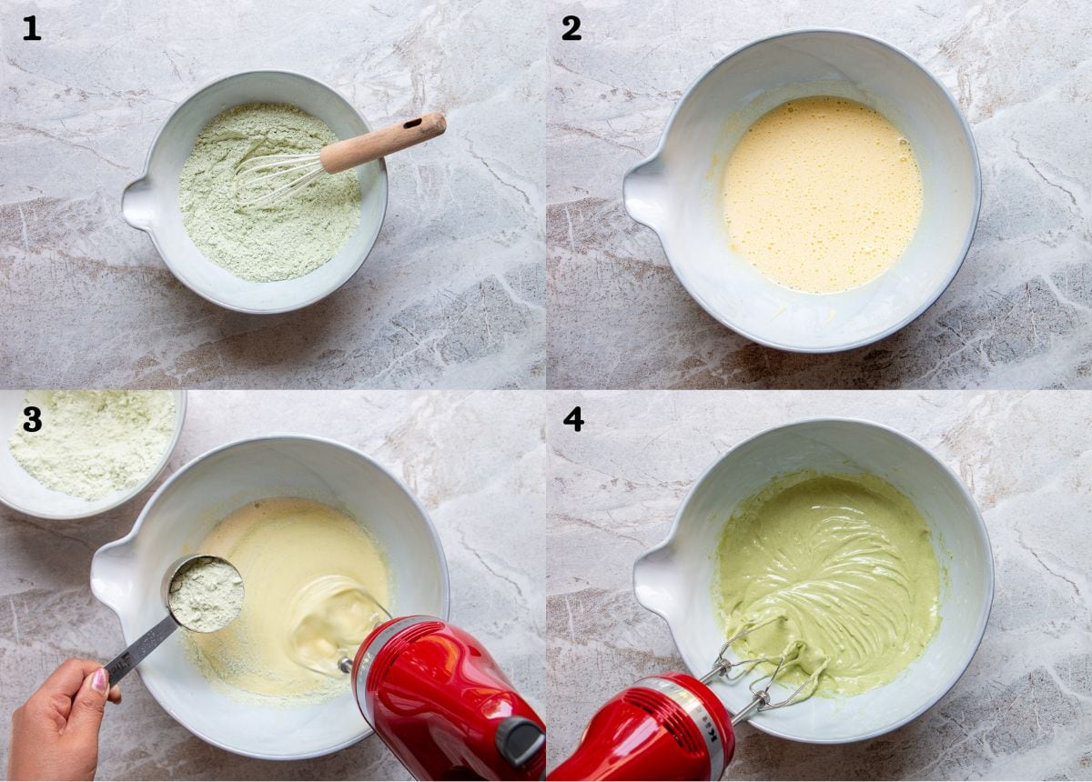 Process images of how to make matcha madeleines steps 1-4