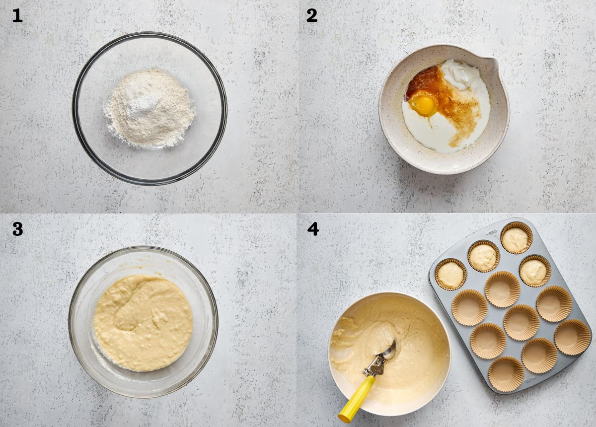 Process images of how to make vanilla cupcakes.