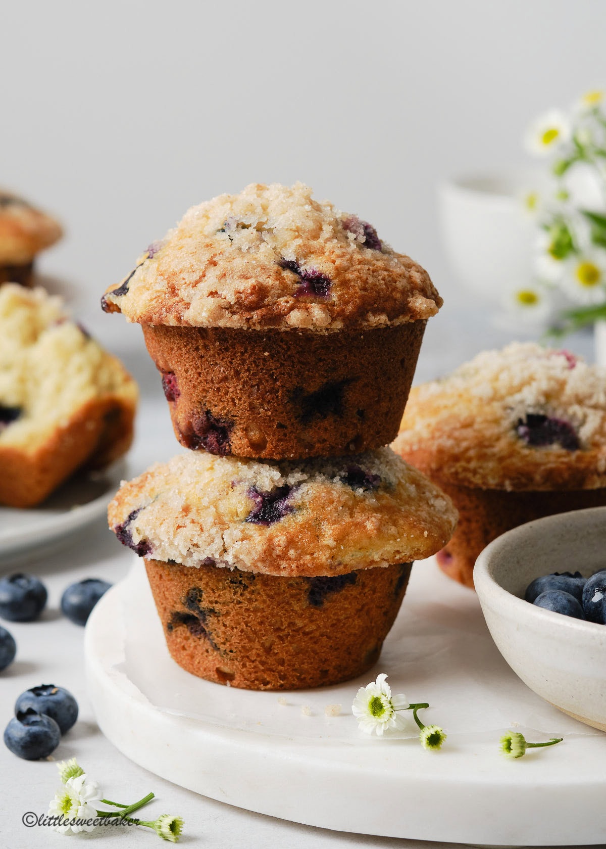 Two blueberry streusel muffins stacked on top of one another.