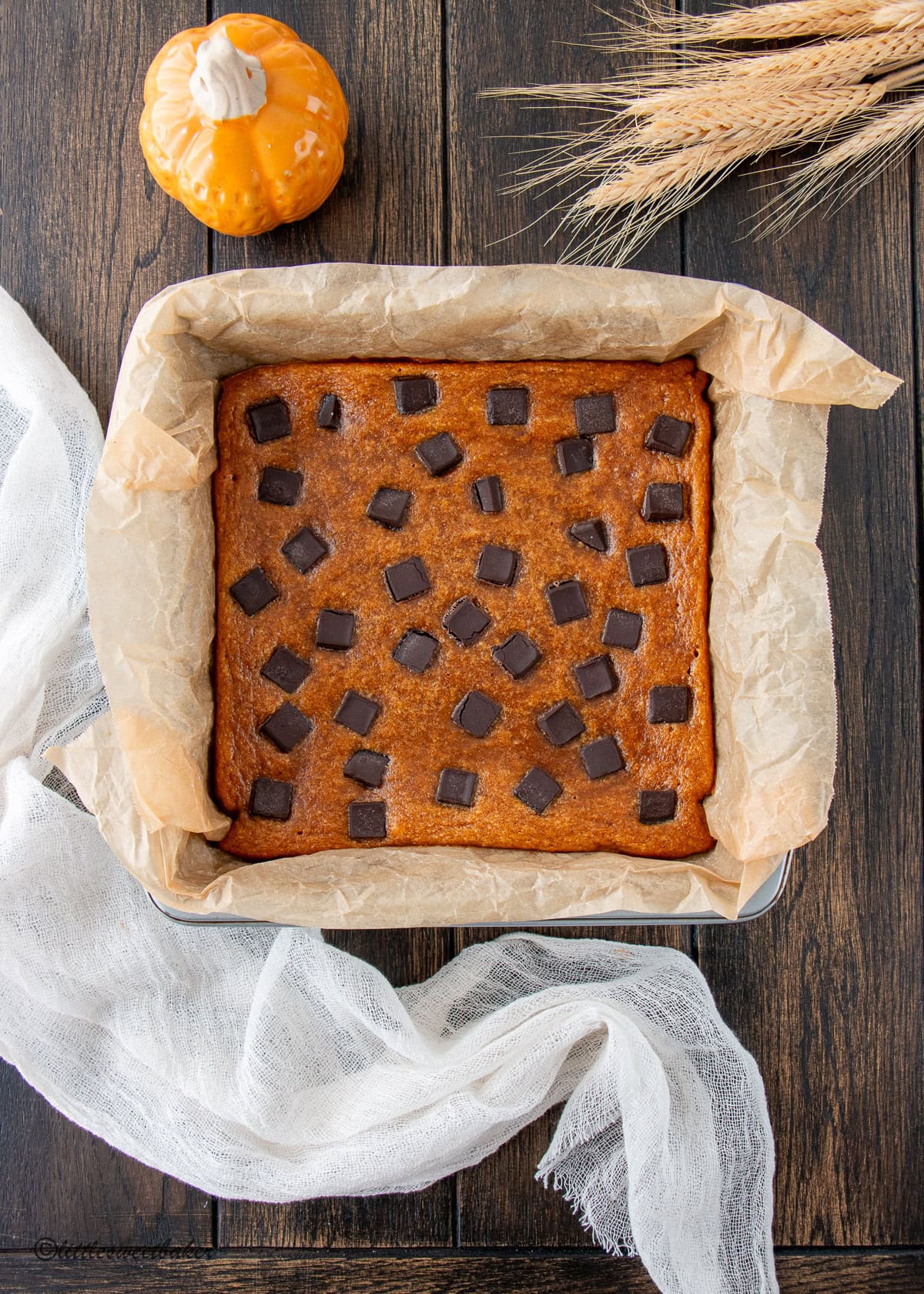 Healthy pumpkin bars topped with chocolate chunks in a baking pan lined with parchment.