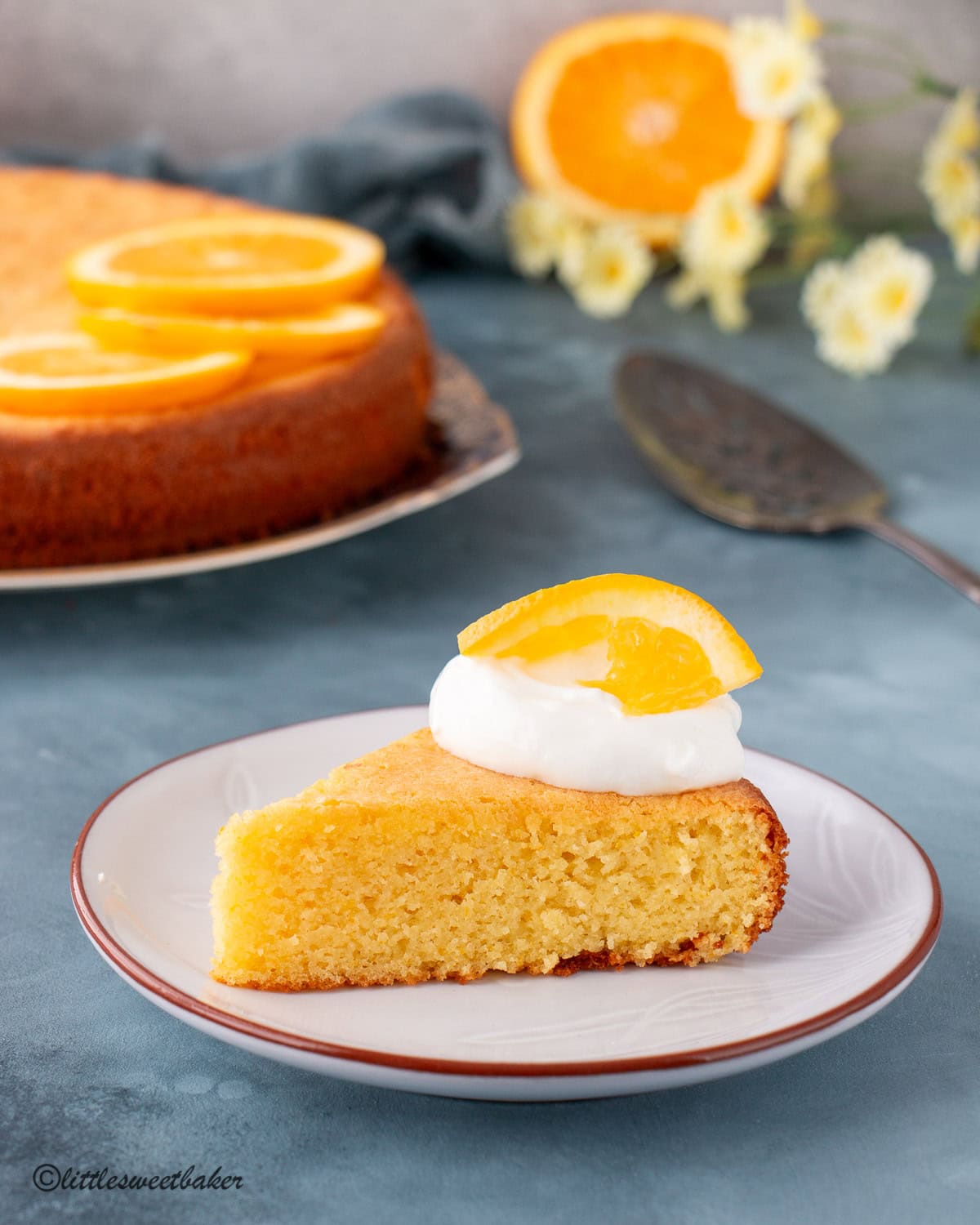 A slice of orange almond cake topped with yogurt and a slice of orange.