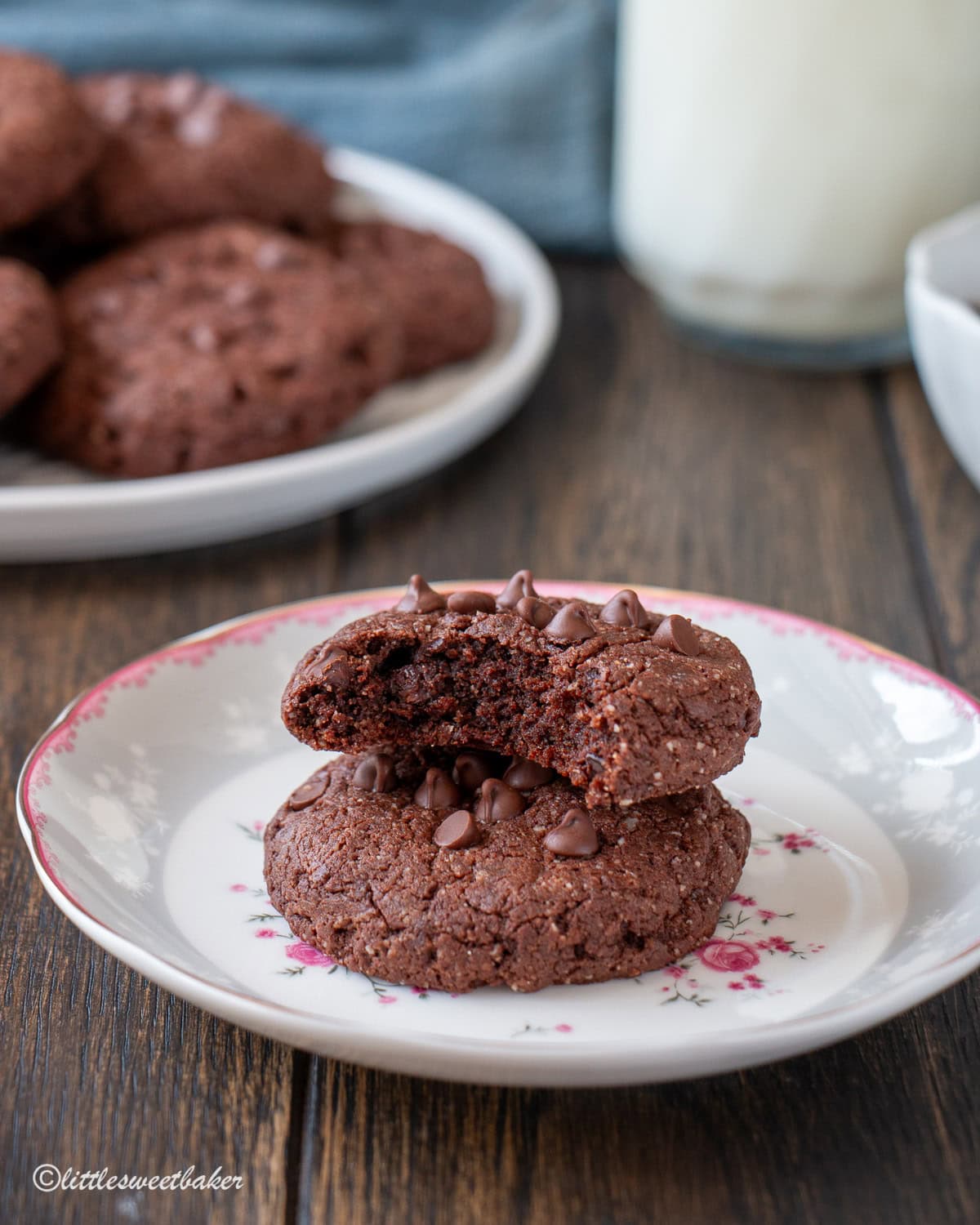 Two cookies stacked on a small flora plate with the top cookie missing a bite.